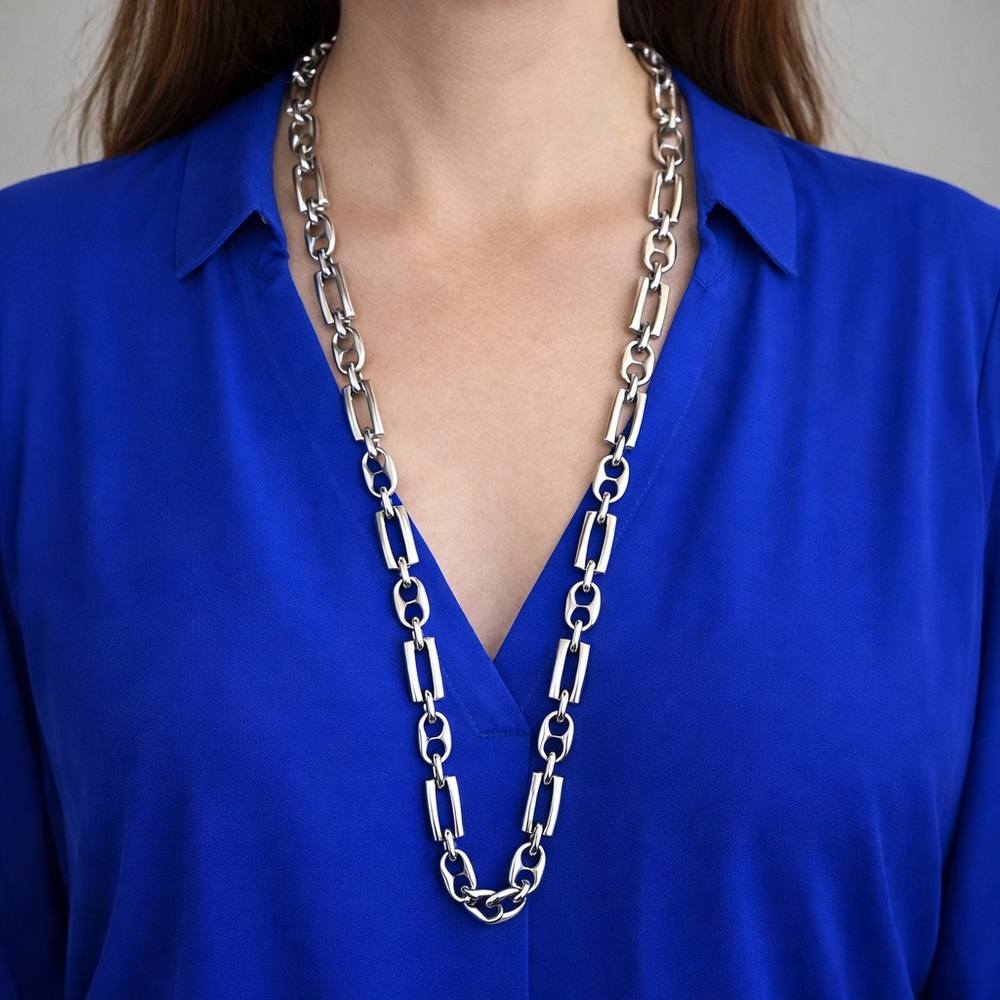 CHUNKY SILVER CHAIN LINK LONG NECKLACE 35” LENGTH SIGNED FLAPPER OPERA